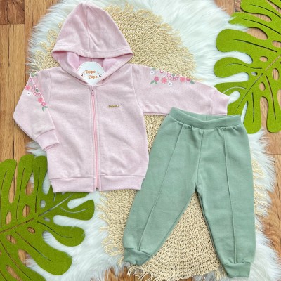  Conj. Jaqueta de Linho com Flores nas Mangas e Calça de Moletom - Rosa e Verde